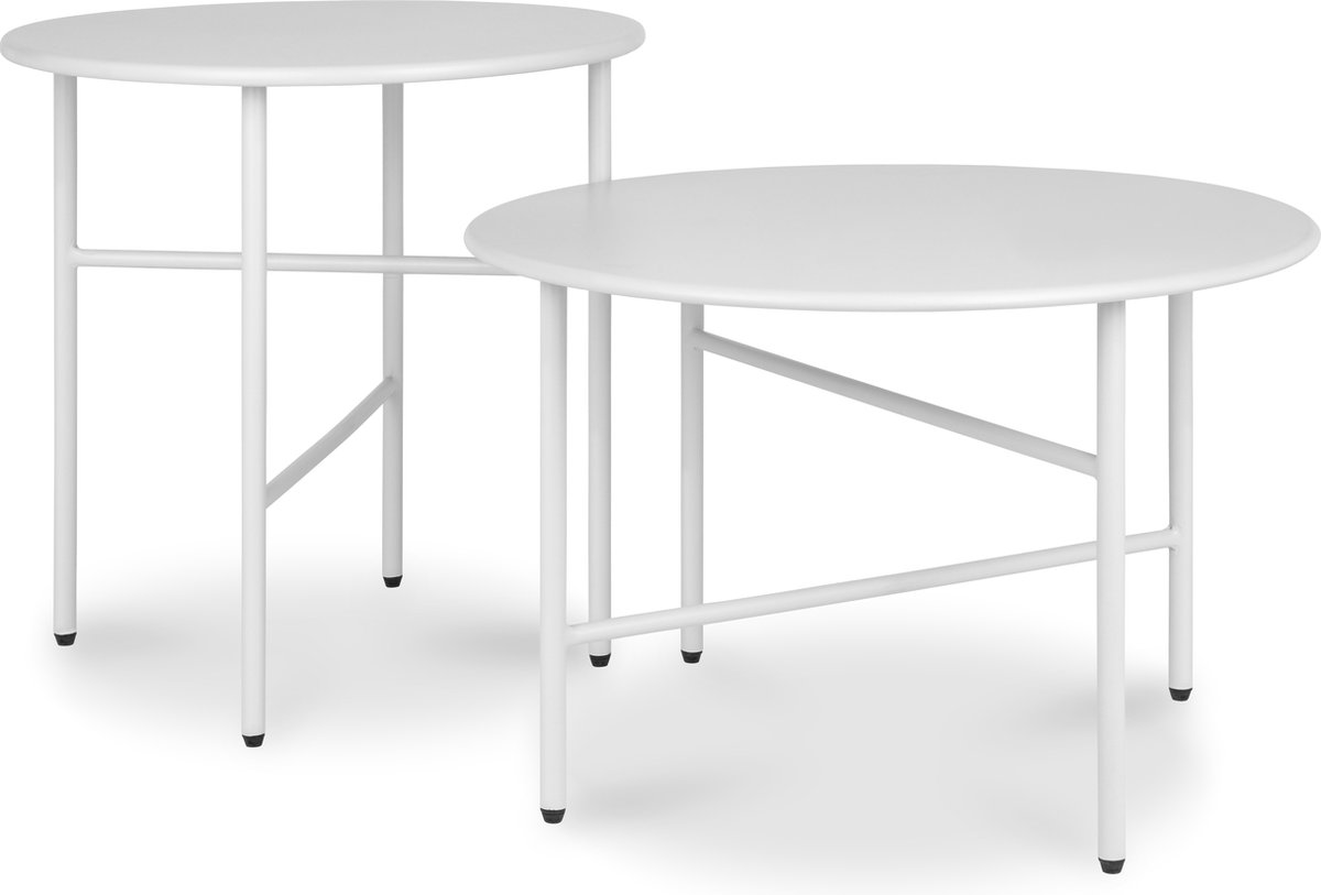 bomoe Finn – Set van 2 Ronde Bijzettafels Metaal Wit – Krasbestendig Tafelblad Ø 44cm & Ø53cm – Stabiel, Lichtgewicht Salontafel voor Binnen & Buiten