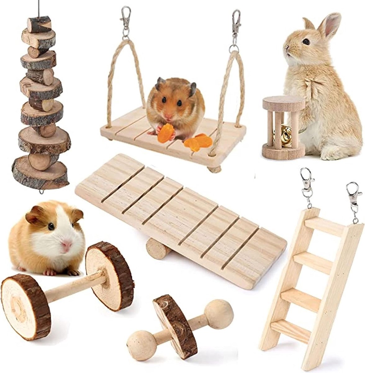 Hamster Kauwspeeltje, Natuurlijk Hout Konijn Cavia Tandverzorging Molaire Oefening Speelgoed Ladder Accessoires voor Konijn Syrische Hamsters Chinchilla Gerbils Ratten (7 Stuks)