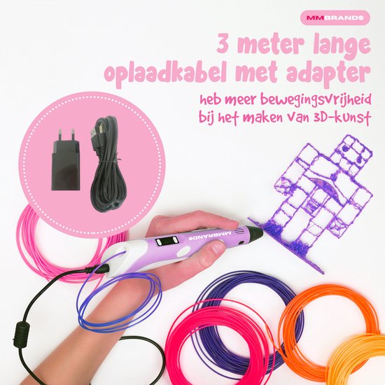 MM Brands 3D Pen Starterspakket - Inclusief 100m Filament in 10 Kleuren - Extra Lange Laadkabel - Geschikt voor ABS & PLA Filament - Roze - MM Brands