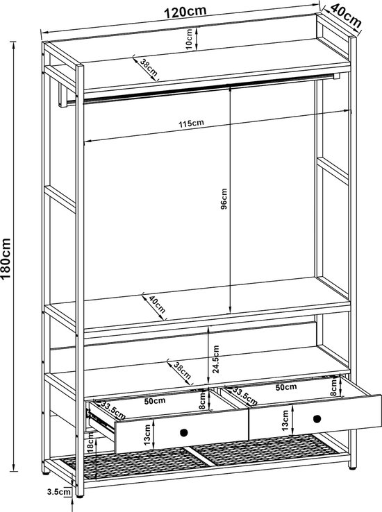 Kledingkast Horgau open kast 180x120x40 cm zwart en walnootkleurig