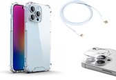 Protecteur lens d'appareil photo OneOne , étui et câble de chargement. Câble USB C vers Lightning blanc de 1 m, l'étui Shock Corner et le protecteur de caméra en verre sont entièrement transparents. Convient pour iPhone 13 Pro Max.