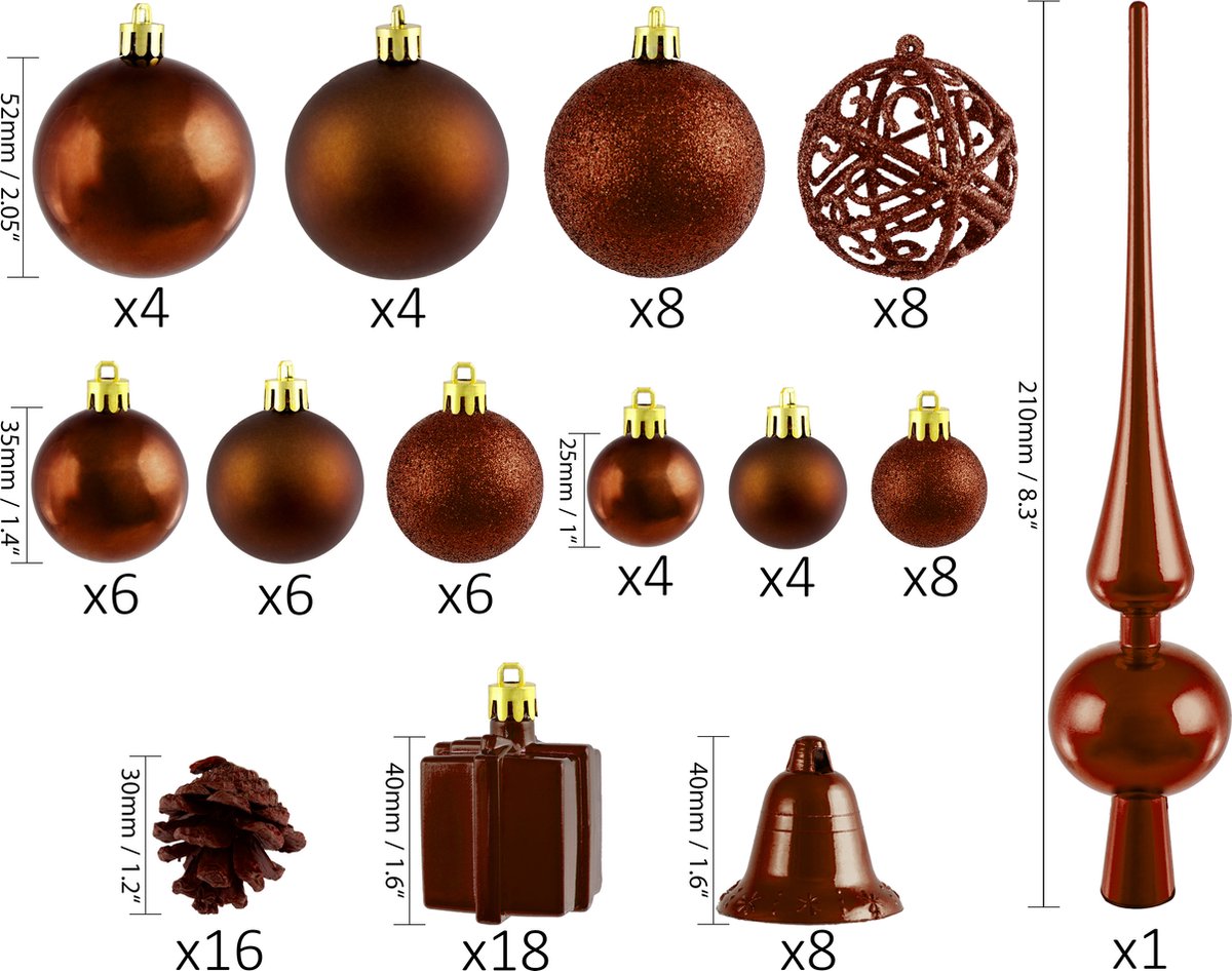 Brubaker kerstballen set met dennenappels, kerstklokken, geschenken