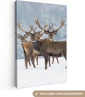 Canvas schilderij - Herten - Winter - Dieren - Natuur - Foto op canvas - 60x90 cm - Muurdecoratie - Schilderijen op canvas