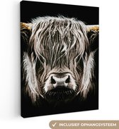 Canvas Schilderij Schotse hooglander - Goud - Hoorns - Zwart wit - Koe - Dieren - 30x40 cm - Wanddecoratie