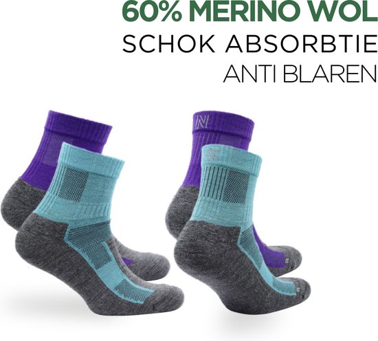 Norfolk - Wandelsokken - 2 paar - Anti Blaren Merino wol sokken met demping - Snelle Vochtopname Outdoorsokken - Leonardo QTR - Paars/Blauw - 35-38