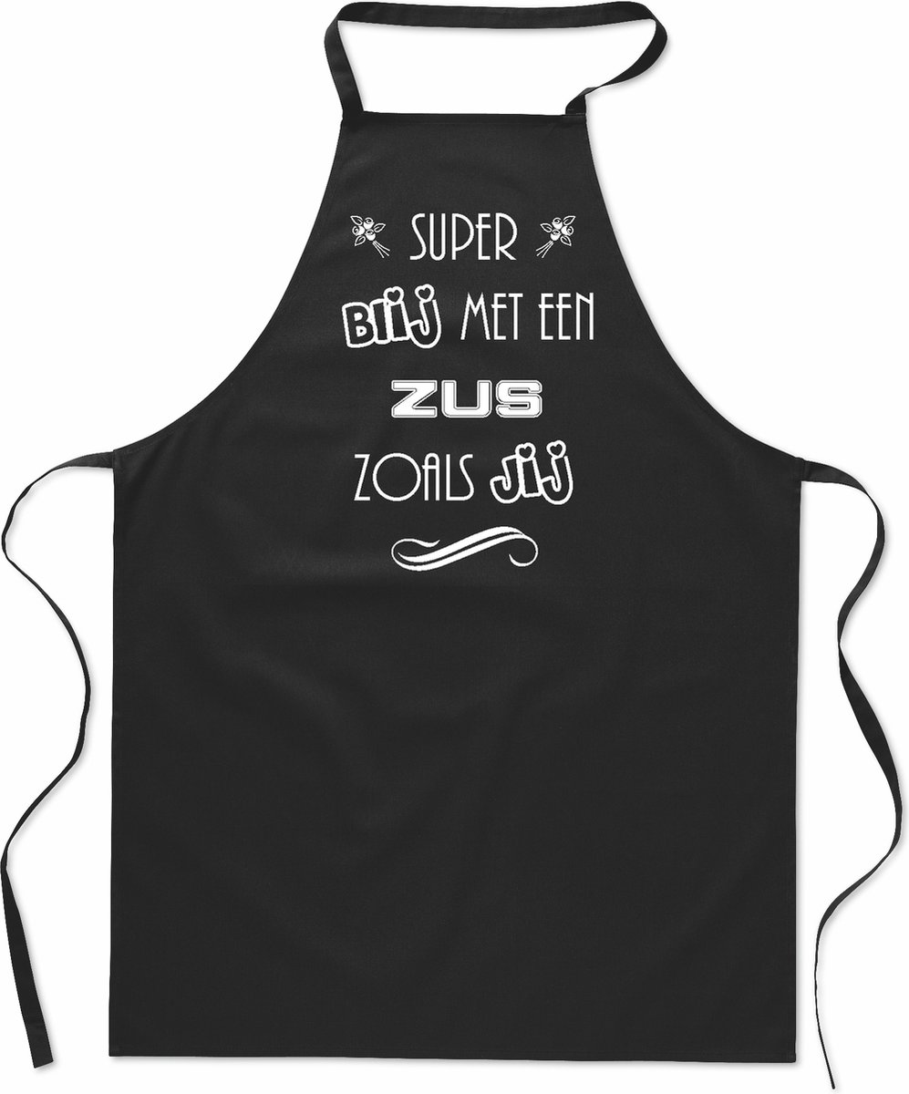 Super blij met - Zus - keukenschort - kookschort - BBQ schort - 100% katoen - leeftijd - geboortejaar - verjaardag en feest - cadeau - kado - unisex - zwart