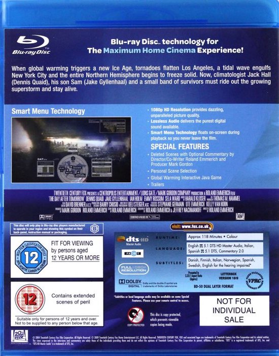Achterkant Blu-ray hoes met film beschrijving, special features, en audio/onder-titels informatie. Met "The Day After Tomorrow" logo.