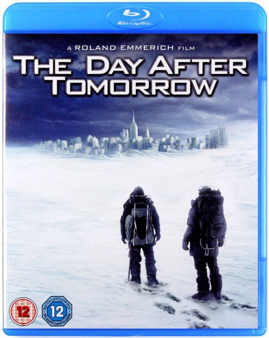 Blu-ray hoes met "The Day After Tomorrow" in witte letters, een besneeuwd stadslandschap en twee personen in winterkleding.