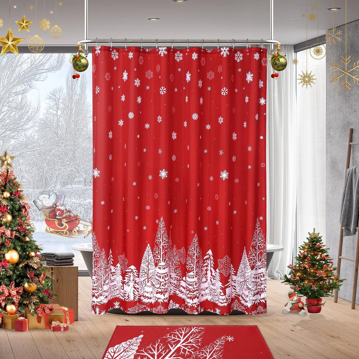 Merry Christmas douchegordijn, waterdicht gelukkig nieuwjaar kerstboom en sneeuwpatroon waterdichte badkamer badgordijnen, 35 x 72 inch rood