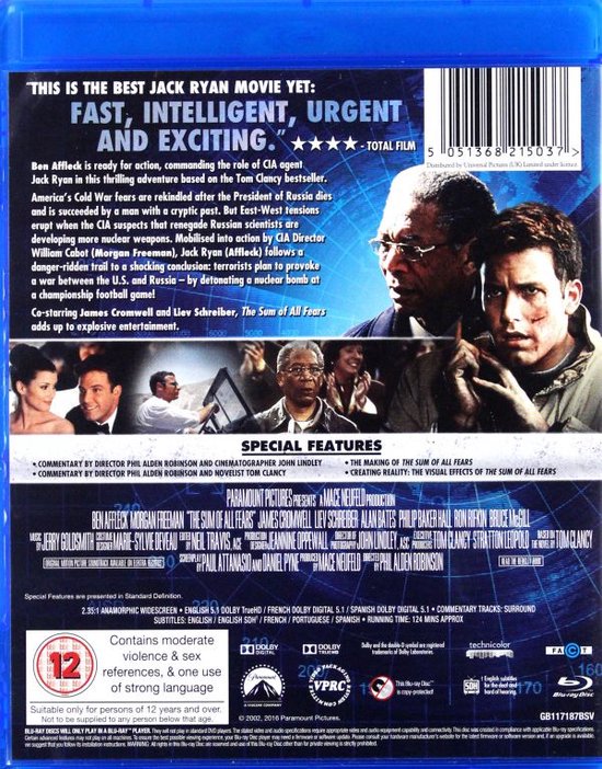 Achterkant van de Blu-ray hoes van "The Sum of All Fears" met filmrecensies en details over de cast en speciale extra's.