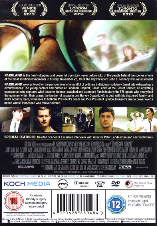 DVD-hoes met titel 'Parkland', met afbeeldingen van acteurs en een filmkeuring van 15.