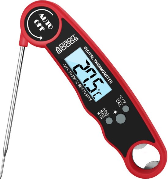 AdroitGoods Kookthermometer Digitaal - Vleesthermometer - Rood - Waterdicht- Bbq