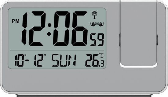 Technoline WT 534 - Wekker - Réveil à projection (180°) - Numérique - Rectangle - Affichage de l'heure radio-piloté - 12/24h - Affichage de la date - Température intérieure - 12/24 - 2 alarmes - Snooze - Plastique - Chiffres - Argent- coloré