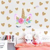 Muursticker Unicorn met hartjes gouden glitter look | Unicorn oren en oogen Muur Sticker | Kinderkamer | Jongens - meisjes | Verwijderbaar - zelfklevend plakfolie | Huis inrichting | Stickerkamer®