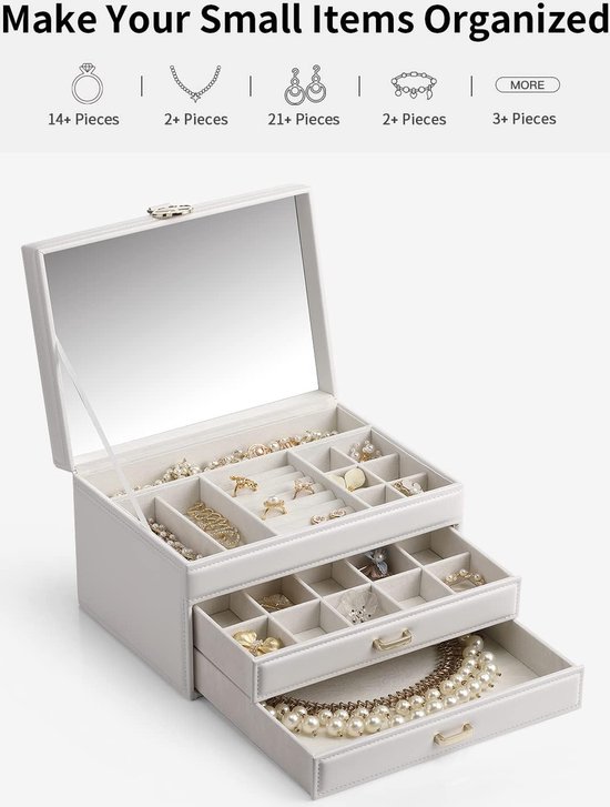Vlando Sieradendoos, 2-laags sieradenorganizer met afneembaar dienblad, sieradenopbergkoffer voor kettingen, armbanden, oorbelopbergorganizer, cadeau voor vrouwen