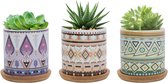 7,5 cm vetplantenpot, keramische cactusplantenpot met kleurrijk patroon, kleine plantenpot voor binnen en buiten gebruik met bamboe schotel, set van 3