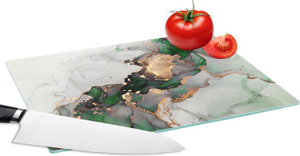 Glazen Snijplank - 28x20 - Marmer - Goud - Groen - Luxe - Snijplanken Glas