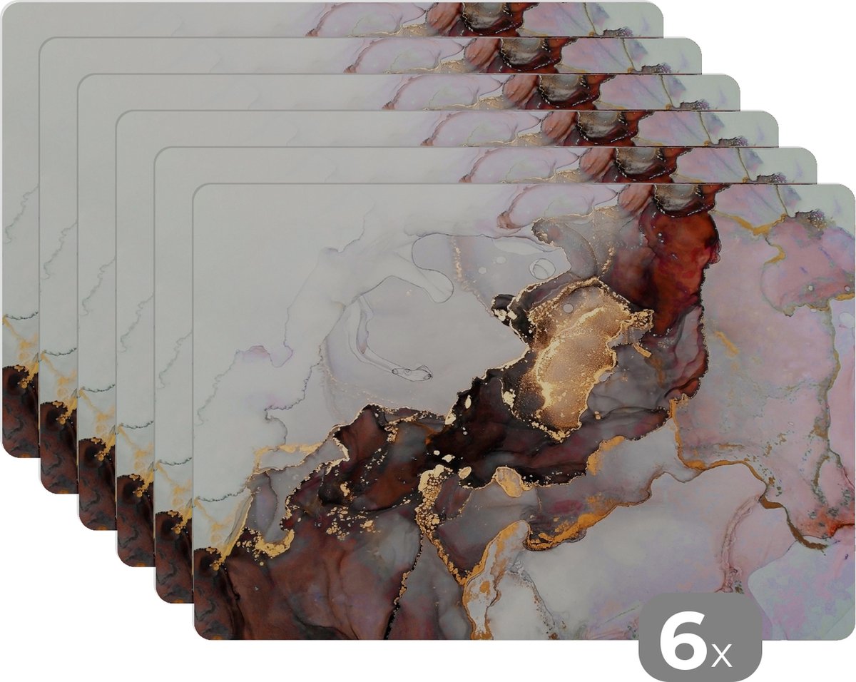 Placemats - Marmer - Rood - Goud - Onderleggers placemat - 45x30 cm - 6 stuks