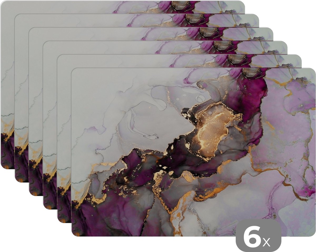 Placemats - Marmer - Goud - Paars - Chiq - Onderleggers placemat - 45x30 cm - 6 stuks
