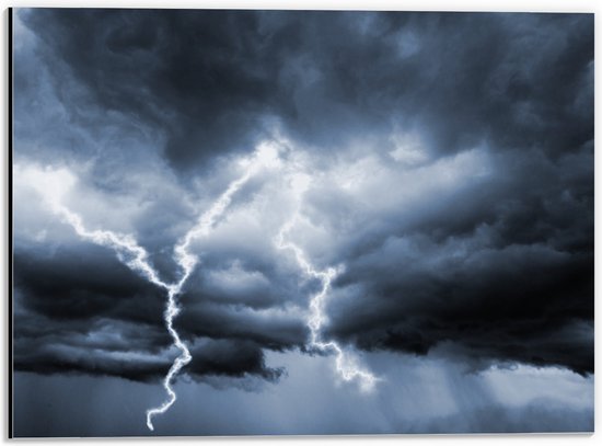 Dibond - Bliksem - Onweer - Donker - 40x30 cm Foto op Aluminium (Wanddecoratie van metaal)