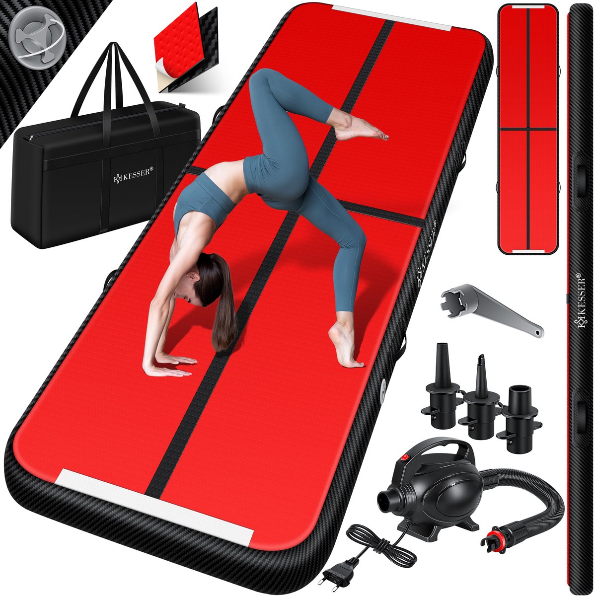 KESSER® Gymnastiekmat Opblaasbare Airtrack Fitnessmat|Yogamat,Tumblingmatten,Trainingsmat,Sportmat |Sporten & Spelen|Buiten & Binnen|incl. Draagtas & Electr. Luchtpomp - Zwart-rood-carbon / 4M