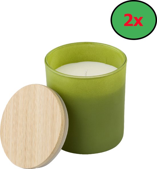 Set van 2 Geurkaarsen in herbruikbaar glas met Bamboe deksel Groen ( Jasmijn )