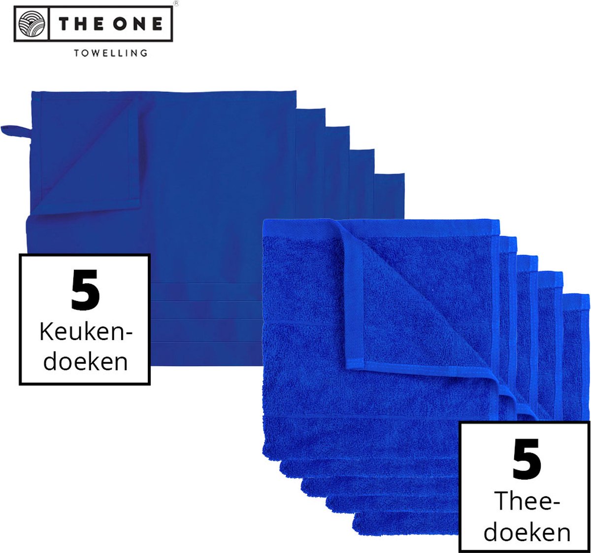 The One Towelling Keukentextiel set - 5 Handdoeken & 5 Theedoeken - Voordeelverpakking - 50 x 50 cm / 50 x 70 cm - Katoen - 10-Delig - Koningsblauw