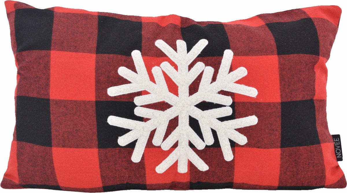 NOVÉE SNOW Kerst Ruit Kussenhoes | Katoen | 30 x 50 cm Rood/Zwart