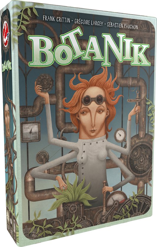 Doos van het spel Botanik met een vrouw met zes armen, een plant en steampunk machineonderdelen.