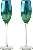 Artland set van 2 champagne glazen peacock pauw 20 cl - 25 cm blue green