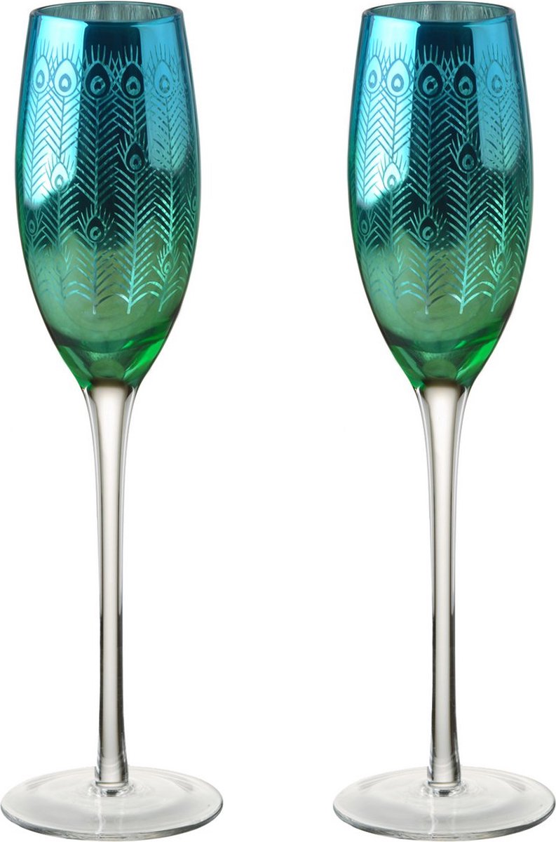 Artland set van 2 champagne glazen peacock pauw 20 cl - 25 cm blue green