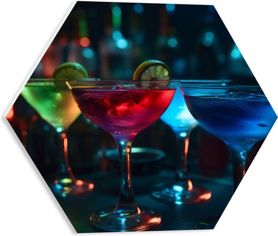 PVC Schuimplaat Hexagon - Bar - Club - Alcohol - Cocktail - Kleuren - 40x34.8 cm Foto op Hexagon (Met Ophangsysteem)