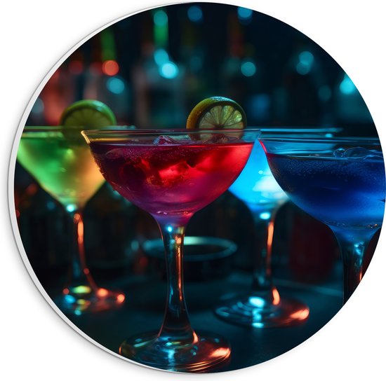 PVC Schuimplaat Muurcirkel - Bar - Club - Alcohol - Cocktail - Kleuren - 20x20 cm Foto op Muurcirkel (met ophangsysteem)