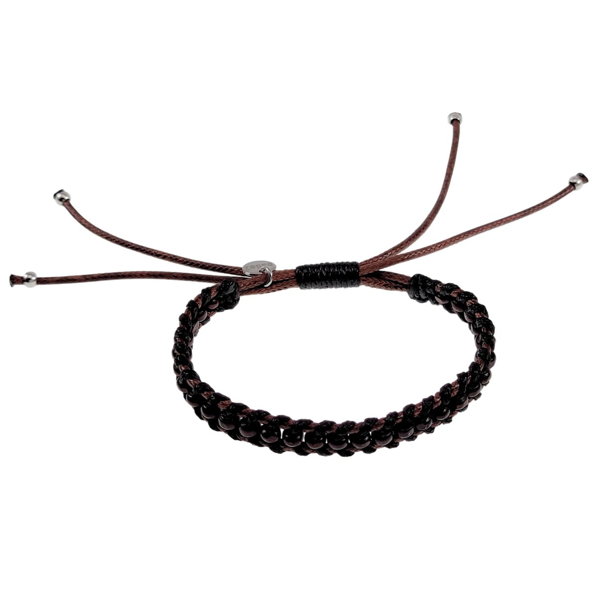 Macramé Armband Unisex - Gewaxt Leerdraad Donkerbruin-Zwart - RVS - Handgemaakt Armband