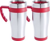Warmhoudbeker/thermos isoleer koffiebeker/mok - 2x - RVS - zilver/metallic rood - 450 ml - Reisbeker
