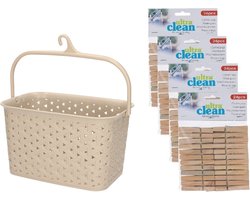 Wasknijpersmandje met ophanghaak - beige - en 96x houten wasknijpers 7 cm - was ophangen