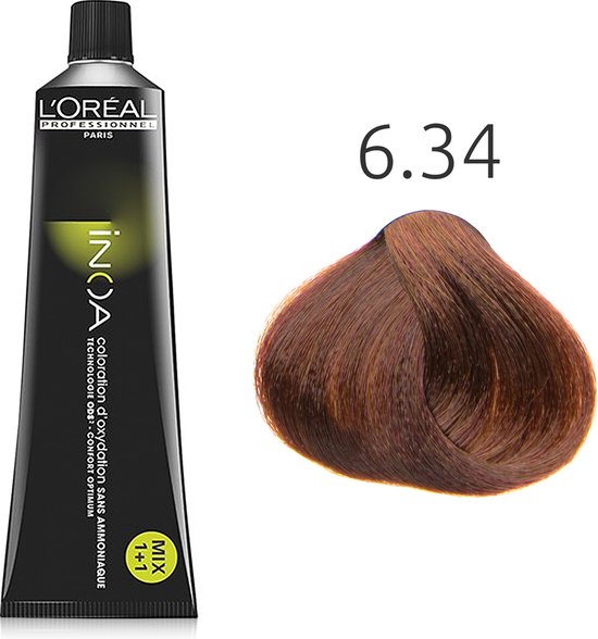 L'Oréal INOA coloration 6.34, un blond doré cuivré foncé. L'emballage indique L'Oréal Professionnel, INOA, 6.34, MIX 1+1.