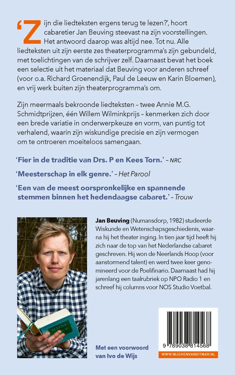 Boekcover met portret van Jan Beuving, met tekst en barcode.