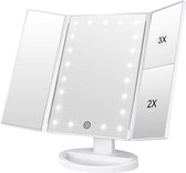 Make-upspiegel met verlichting, opvouwbare cosmetische spiegel met 1X/2X/3X vergroting, make-upspiegel met aanraakverlichting, tafelspiegelondersteuning USB en batterij (wit)