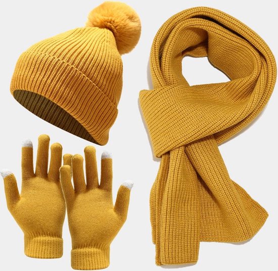 Ensemble hiver tricoté écharpe, bonnet, gants femme - Jaune ocre | bol