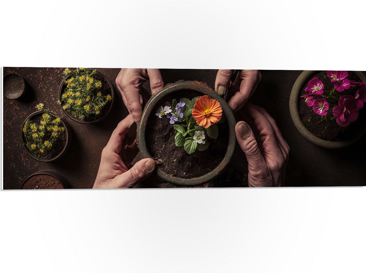 PVC Schuimplaat- Bloemen - Bloempot - Potgrond - Handen - 90x30 cm Foto op PVC Schuimplaat