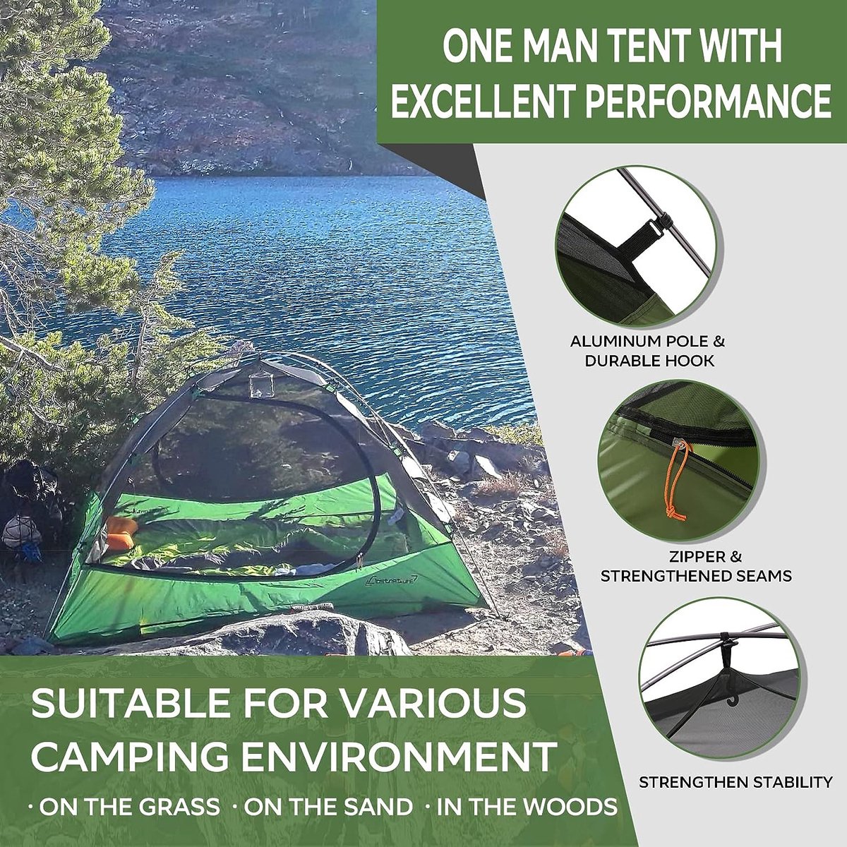 Tent Voor 3 Personen, Ultralichte Campingtent Met Afneembare Regenbescherming Ramen En Grondzeil Koepeltent Voor Trekking Kamperen Zb33864