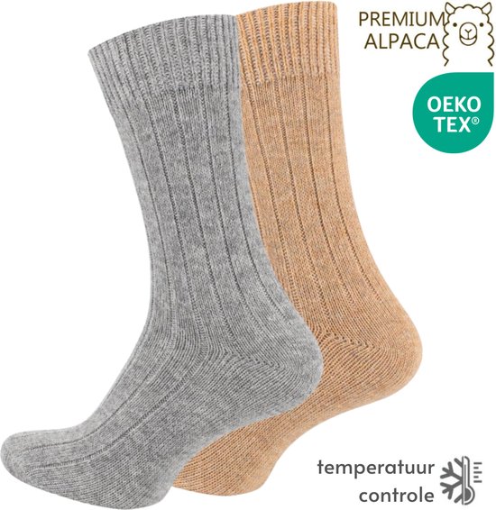 Warme Wollen sokken met Alpacawol - Set van 2 paar - Beige & Grijs - maat 39-42 - Wintersokken/Wandelsokken/Huissokken