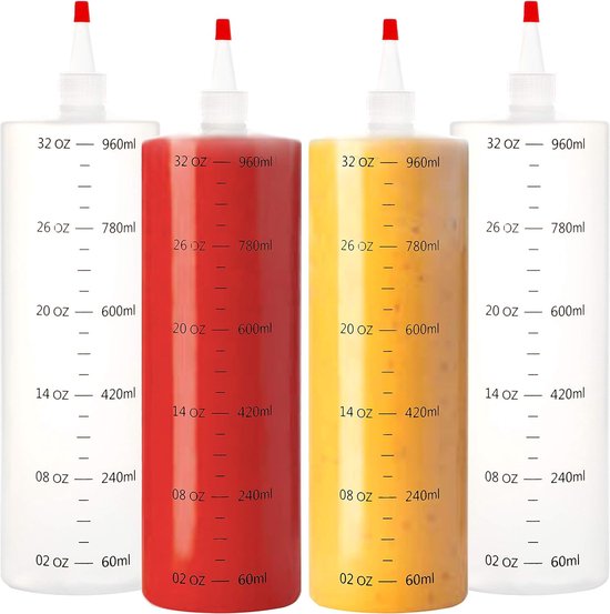 Foto: Pak van 4 plastic knijpflessen van 1000 ml herbruikbare plastic sausflessen knijpfles sausflessen