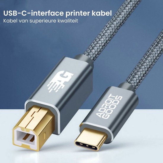 AdroitGoods Câble USB-C vers USB-B - Câble d'imprimante - 2 mètres - Grijs