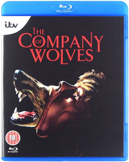 De voorkant van de Blu-ray hoes van The Company of Wolves toont een gedetailleerde afbeelding van een weerwolf met opengesperde bek en scherpe tanden.