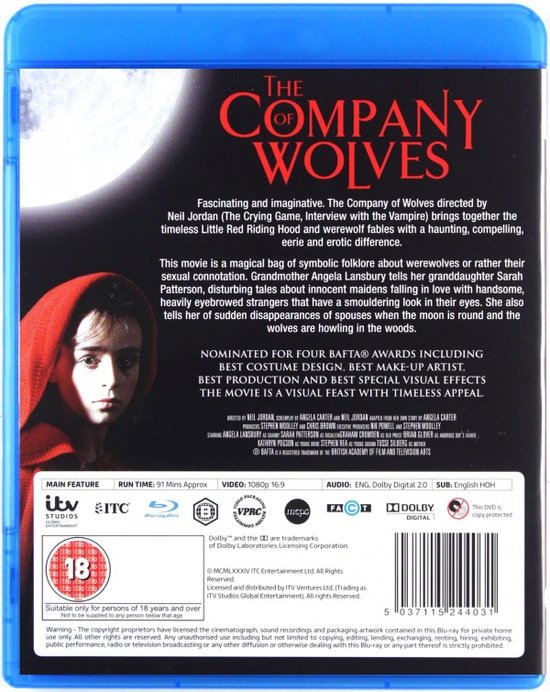 De achterkant van de Blu-ray hoes van The Company of Wolves toont een jonge vrouw in een rood kapje en een tekstblok met filminformatie.