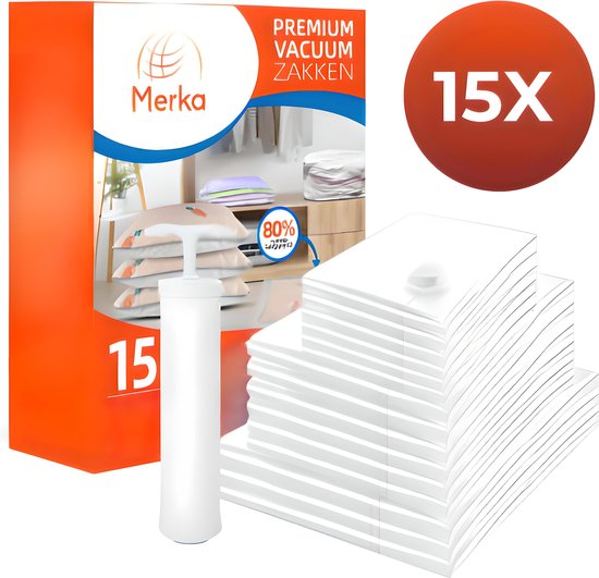 Sacs sous vide Merka Premium – 15 pièces – Vêtements, Couettes et Coussins – Pompe gratuite – Instructions en néerlandais