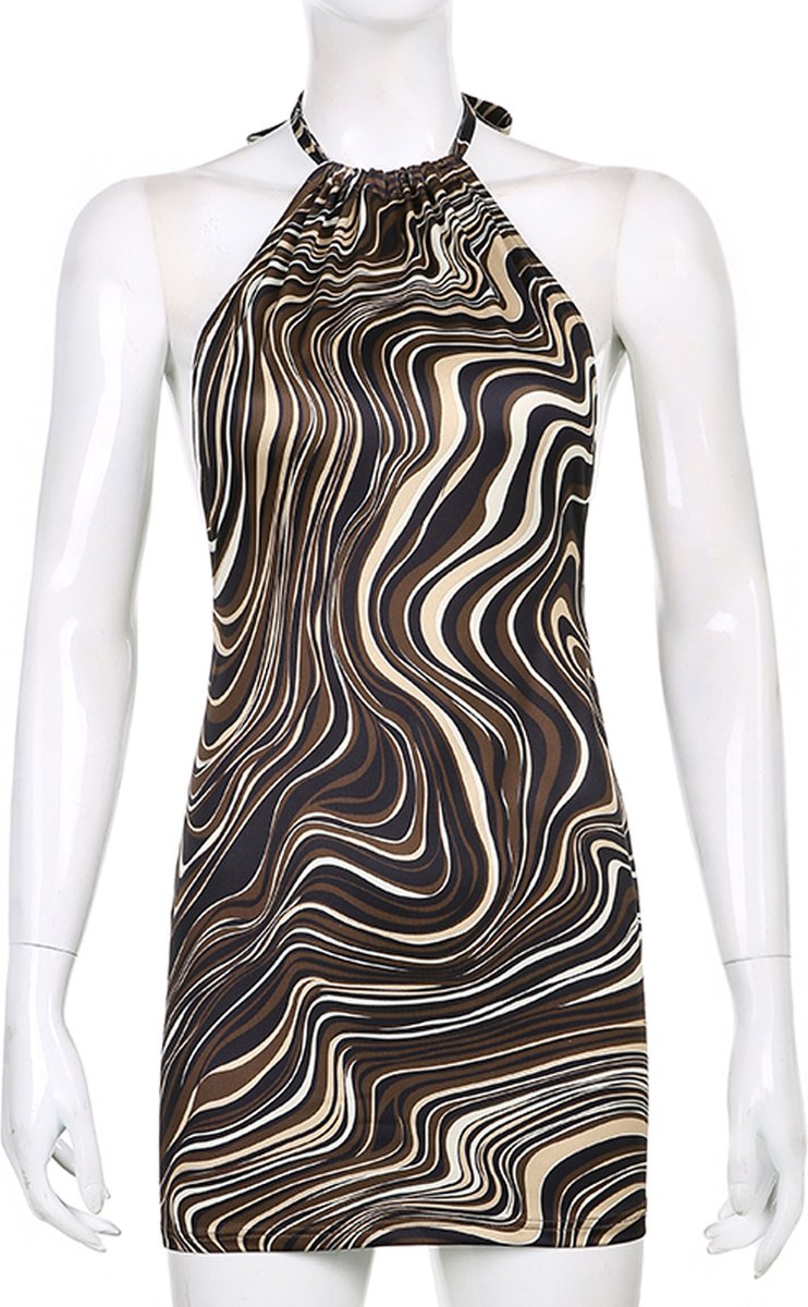 Goedkoopste Halter Jurk Dames – Golvend Retro Print – Sexy Mini Dress – Bruin/Beige