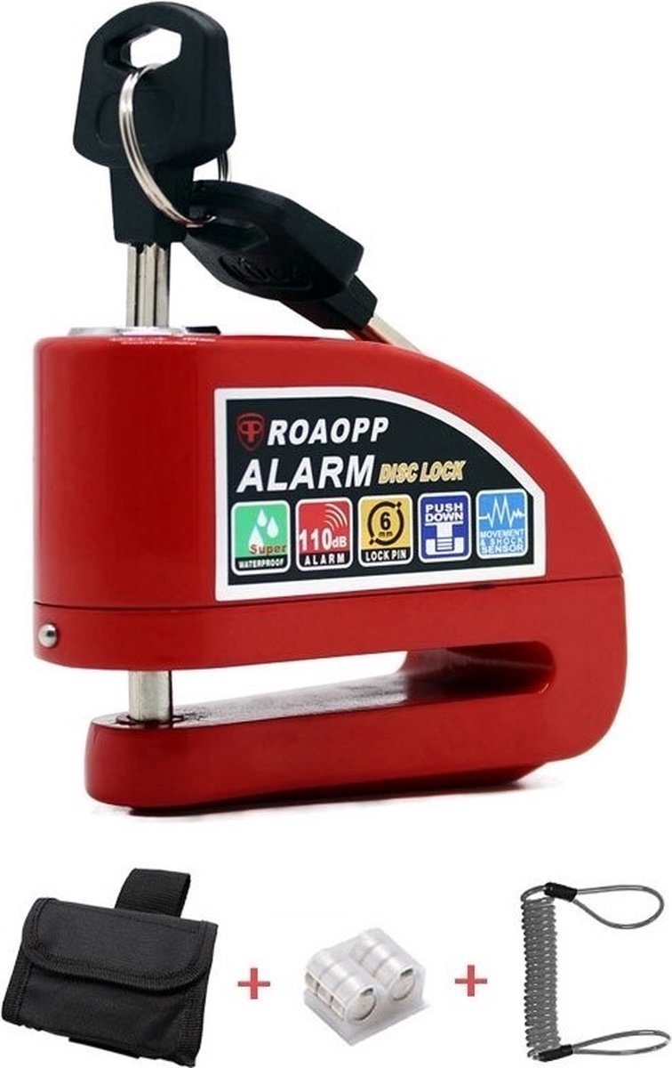 RAMBUX® - Schijfremslot - Motorslot - Scooterslot - Schijfremslot met Alarm - Motor Alarm Sirene - Remschijfslot met Opberghoes & Slot Kabel - Rood